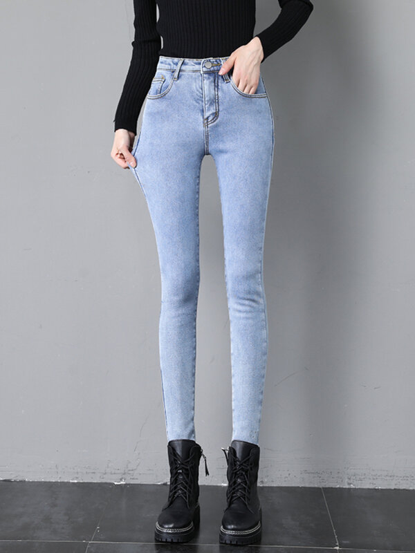 Calça jeans de forro elástico de lã feminina, calça jeans térmica, perneiras azuis, preta, cintura elástica, calça fina, quente, outono, inverno, fêmea