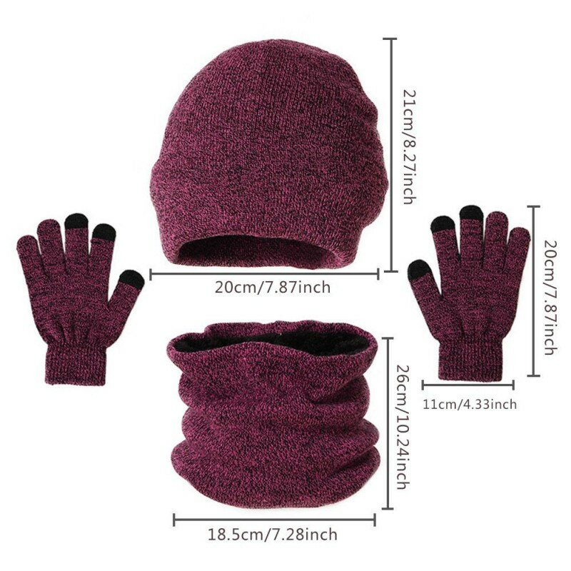 Ensemble de 3 pièces, bonnet, écharpe et gants pour écran tactile, couleur unie, chaud, casquette de crâne, cadeaux pour hommes et femmes