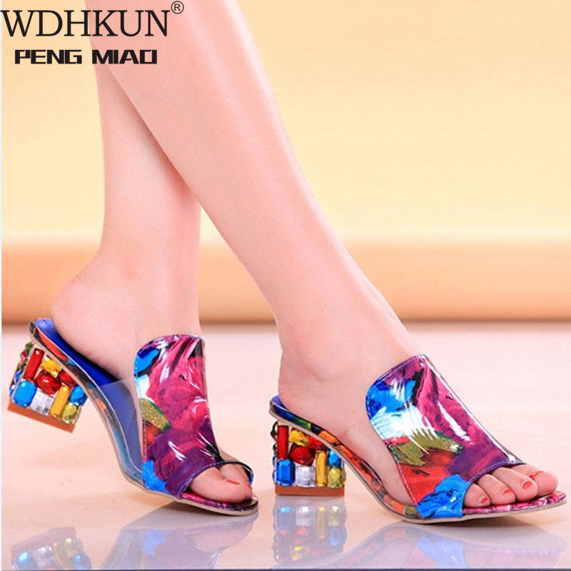 Sandalias de cristal con punta abierta para mujer, zapatos de tacón cuadrado, calzado de primavera y verano, sandalia femenina