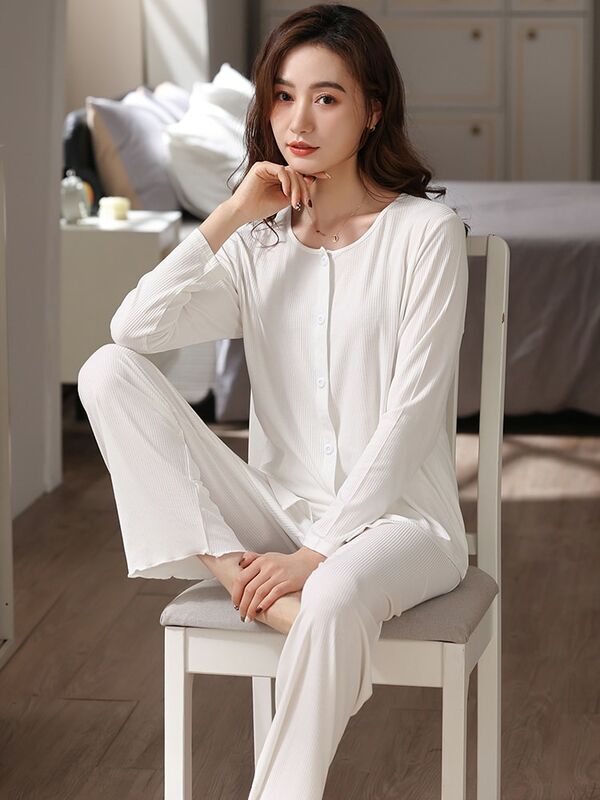 Pyjama blanc à manches longues pour Femme, vêtements de nuit, couleur Pure, col rond, pour la maison