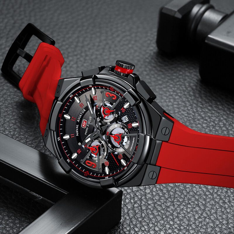 MINI FOCUS Naval Multifunction Quartz Watch for Men Luminous Chronograph Calendar Sport Watches Silicone Strap relogio masculino