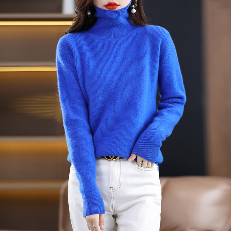 Jersey de punto de lana con cuello alto para mujer, Jersey informal de manga larga de Color sólido, cuello levantado, Otoño e Invierno