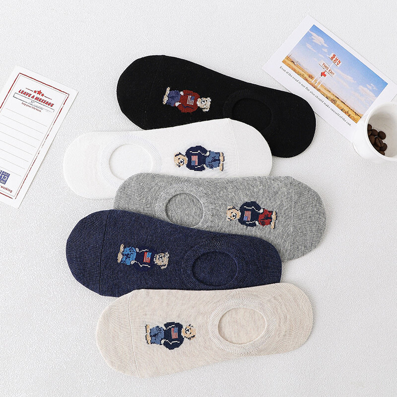5 Pairs Of 5-color New Men's Cotton Summer Socks, Cartoon Bear, Invisible, Light, Breathable, Sweat Absorbing, Boating,