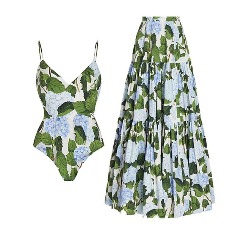 Купальник в пляжном стиле для женщин, летнее модное зеленое цветочное длинное платье для женщин, сексуальное бикини для женщин, повседневное женское длинное платье