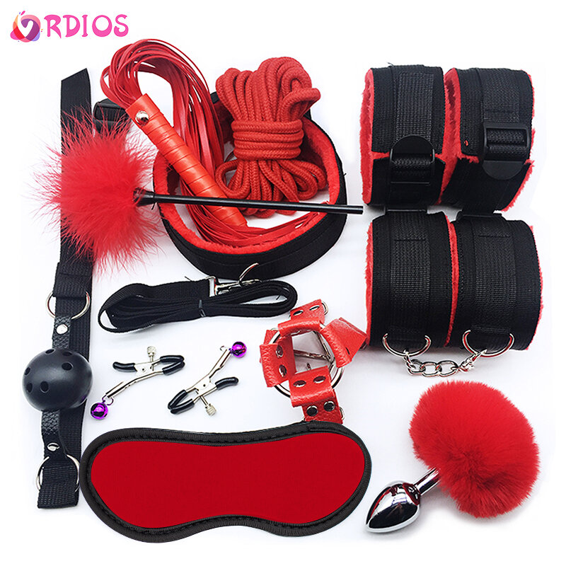 VRDIOS BDSM Sex Bondage Set Handcuffs Gag Whip NippleClamps Erotic Sex Toys for Women Couples Adult Sex Shop Anal Butt Plug Tail
