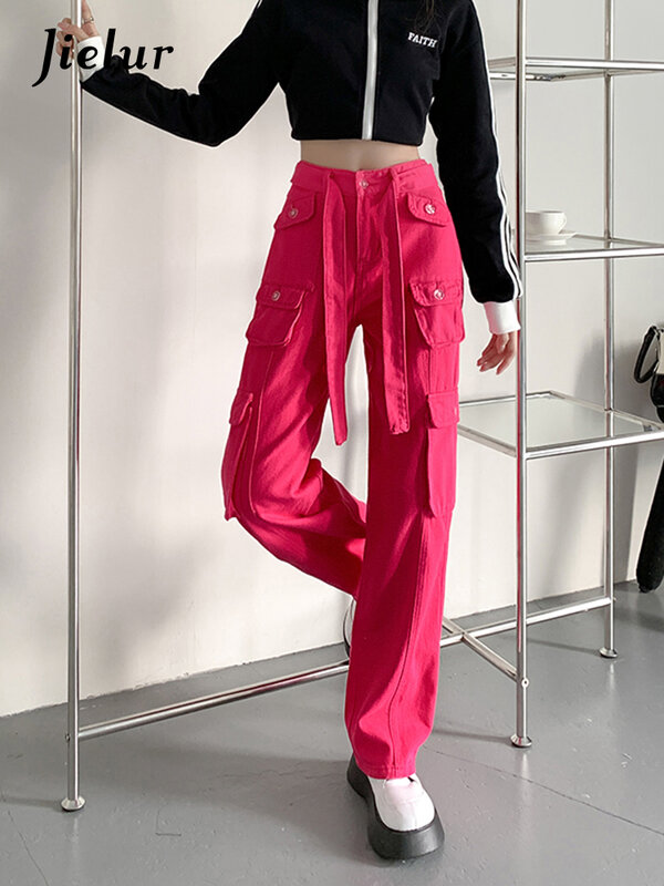 Jielur estilo americano carga jeans feminino outono cintura alta em linha reta calças casuais y2k solto rosa vermelha calças femininas alta rua