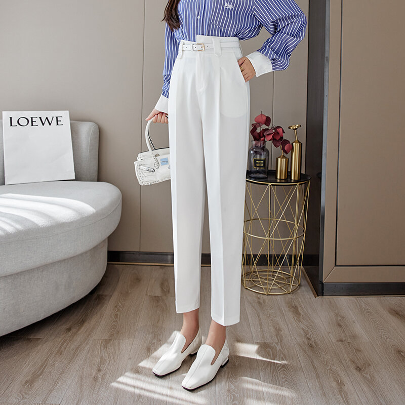Calças da senhora do escritório primavera verão 2022 coreano ol estilo feminino formal harem calças bolsos de cintura alta elegante roupas femininas 987b