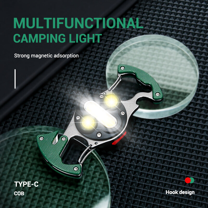 Multi-função cob led lanterna ao ar livre usb c recarregável chaveiro luz built-in bateria gancho forte ímã lâmpada de emergência