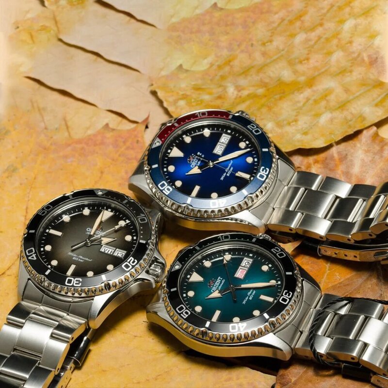 Originais Orient Relógios mecânicos, Relógios Man Gradient Dial Dive Watch Moda, Bi-Color moldura rotativa Sapphire cristal
