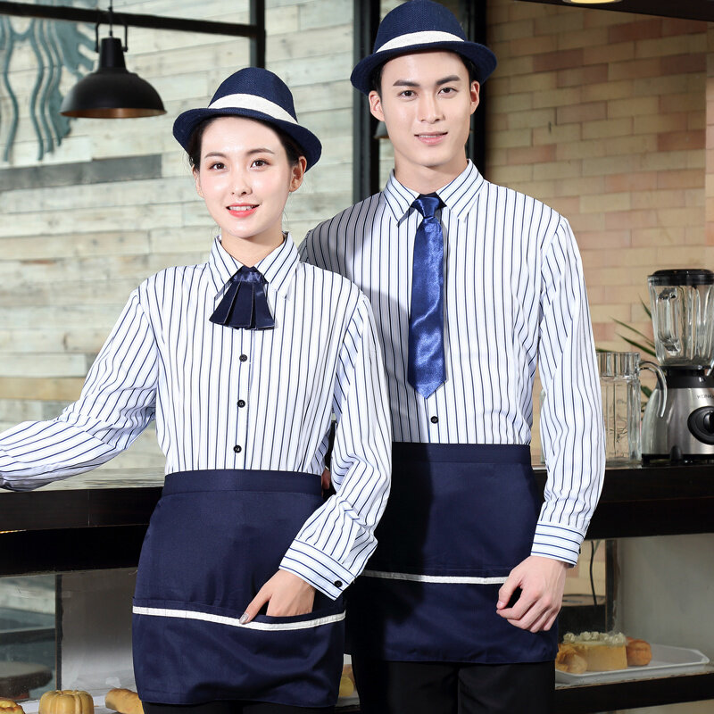Western Cafe Shop-monos de camarero para hombre y mujer, camisa de manga larga a rayas + delantal + conjunto de corbata, uniforme de restaurante de comida rápida, ropa