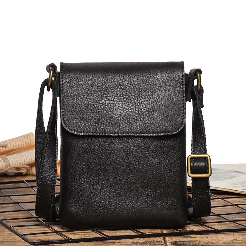 Men Retro Zipper Flip Black Small Shoulder Bag Genuine Leather Sling Crossbody Bags Minority Design Man Simple Phone Bag