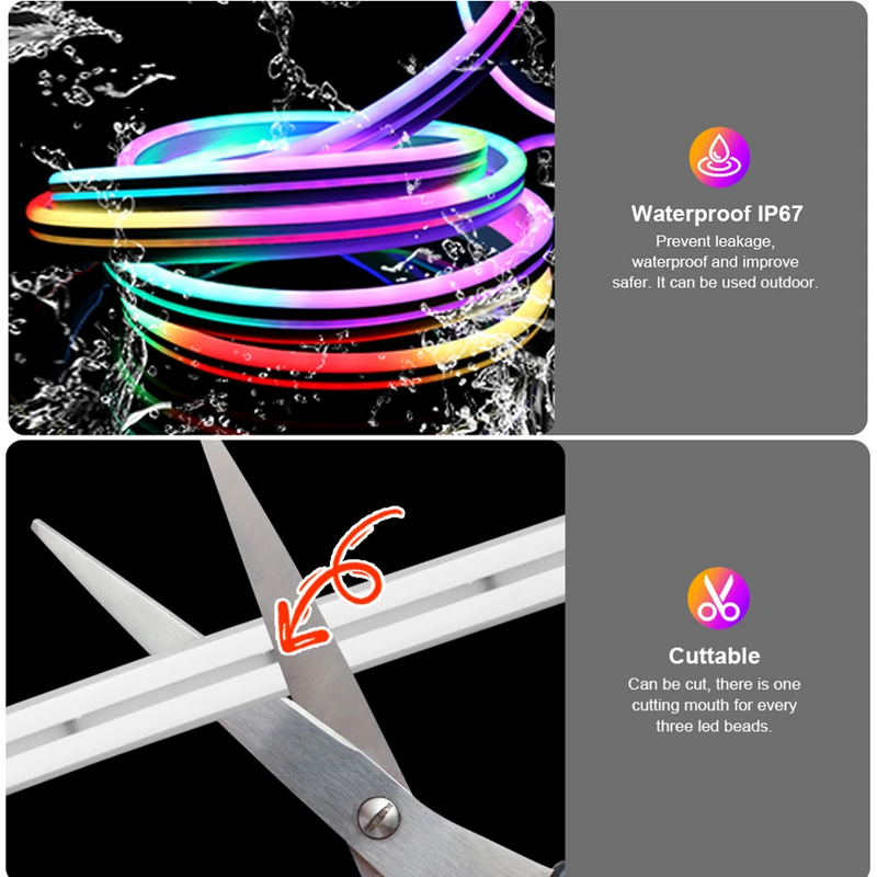 Tuya-스마트 LED 네온 라이트 12V RGBIC Dreamcolor WS2811 방수, 유연한 밝기 조절 스트립 테이프 WiFi, BT, 원격 제어
