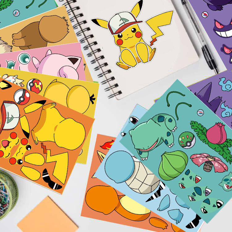Stiker Puzzle DIY anak-anak, 16 lembar stiker rakitan Anime Pikachu wajah lucu, mainan anak laki-laki dan perempuan hadiah