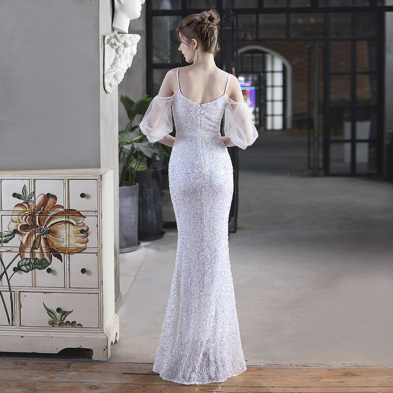 Белое кружевное платье-Русалка с V-образным вырезом и коротким рукавом, облегающее коктейльное платье с блестками и кристаллами, длинное ве...