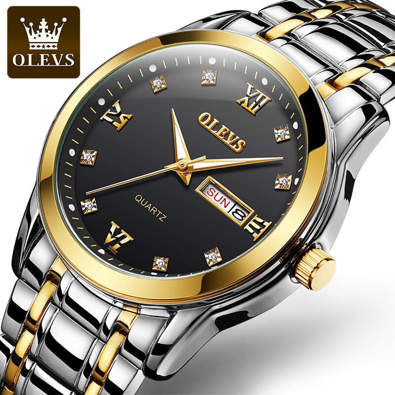 Olevs Rvs Strap Quartz Horloges Dual Kalender Hoge Kwaliteit Waterdichte Fashion Horloges Voor Mannen Kalender