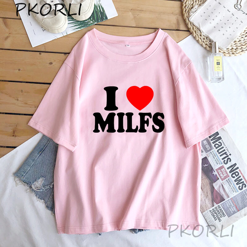 I Love MILFS I Heart 인기 엄마 프린트 티셔츠 여성 코튼 반팔 캐주얼 티셔츠, 하라주쿠 패션 티셔츠