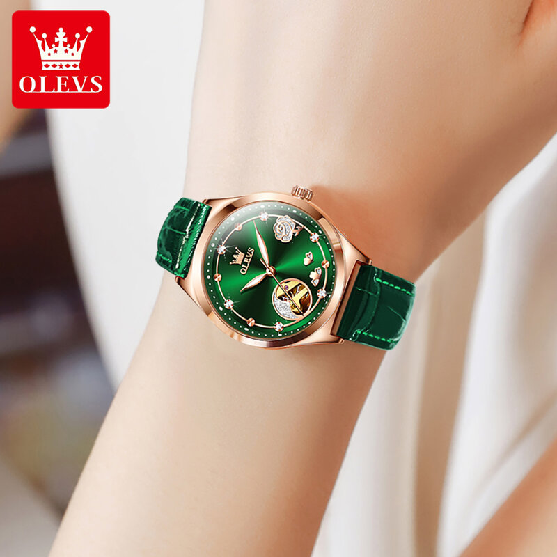 OLEVS Corium Strap Mode Frauen Armbanduhr Wasserdicht Automatische Mechanische Heißer Stil Große Qualität Uhr für Frauen Leucht