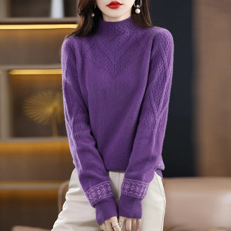 Pull tricoté en laine Pure 100%, col roulé, couleur assortie, fleurs tordues, ample, Joker intérieur, nouvelle mode automne et hiver
