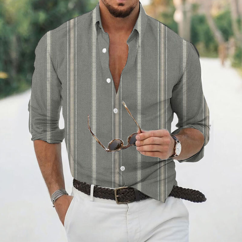 Гавайская Мужская рубашка с длинным рукавом, крутая тонкая футболка с принтом в полоску, повседневная одежда для мужчин, весна
