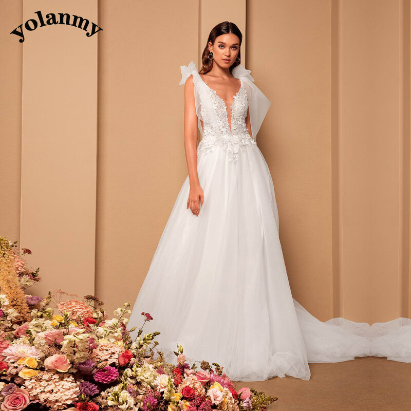 Yoranmy – robe De mariée luxueuse, col en V, dos nu, en Tulle perlé, avec des Appliques, robe formelle, personnalisée