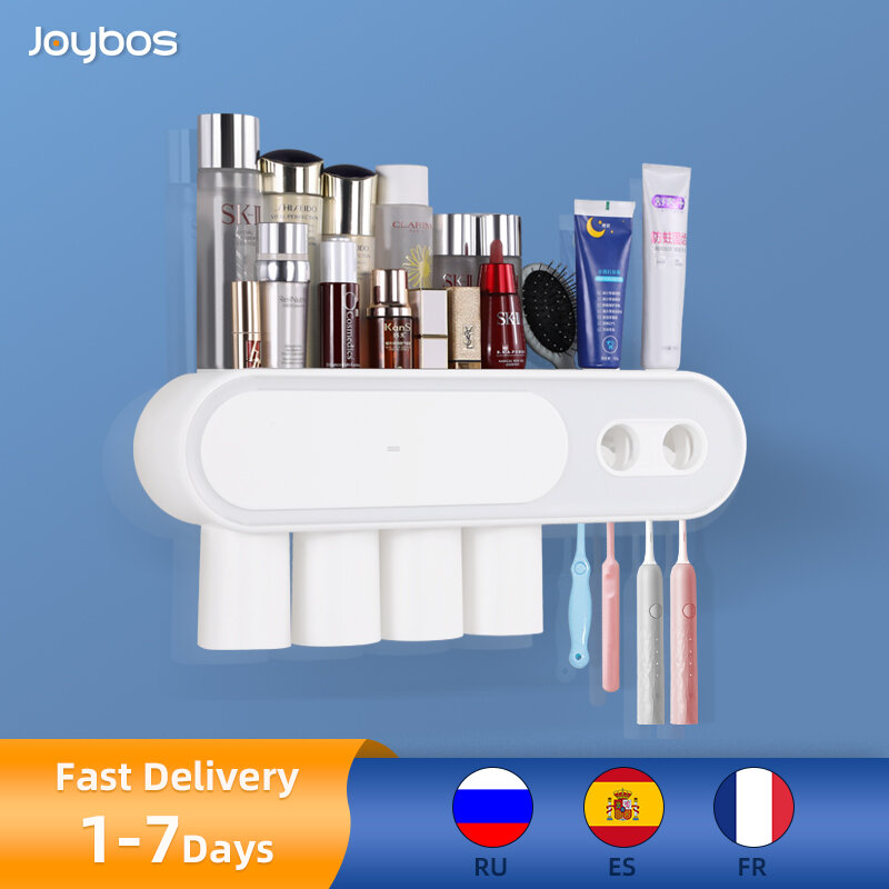 Joybosバスルーム歯ブラシホルダー壁掛け式バスルームストレージラックダブル自動歯ブラシペーストディスペンサー、磁気カップ付き