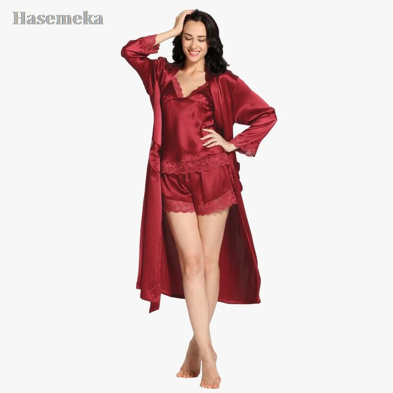100 camisola & robe conjunto 3 peça sleepwear feminino amoreira seda pura 22 mm sexy lingerie de luxo rendas