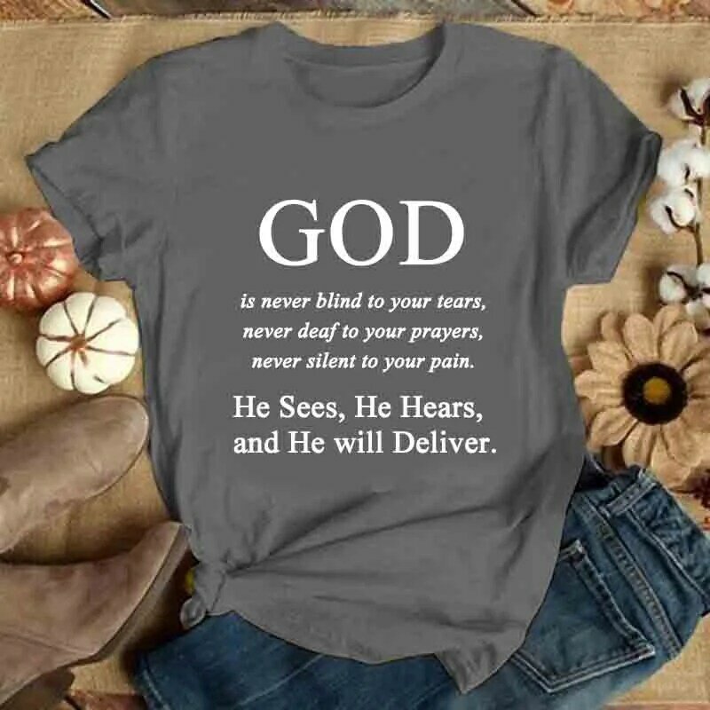 \ Bóg nigdy nie jest ślepy na twoje łzy... \ mężczyźni i kobiety jezus wiara bóg religijny LetterFashion krótki rękaw O-neck T Shirt