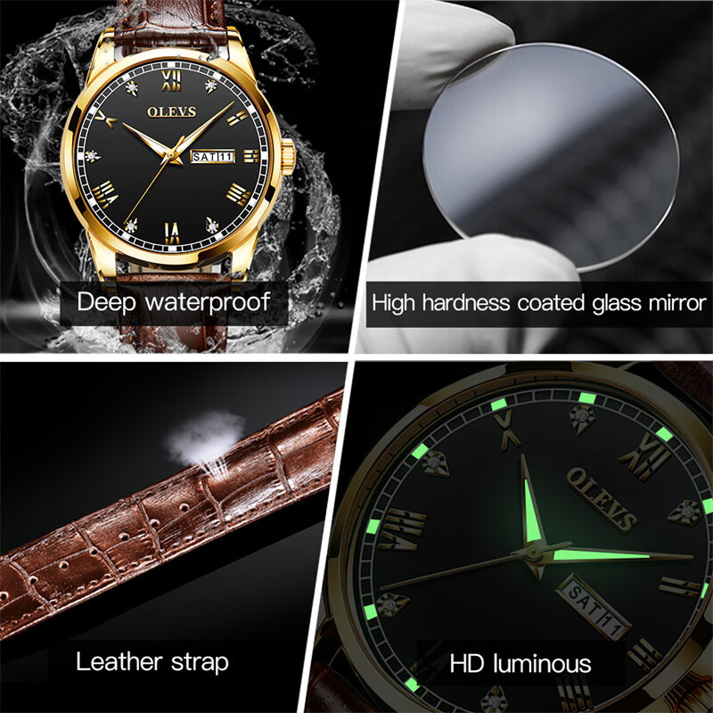OLEVS New Business Men Watch Leather Strap Warterproof Sports Mens Watch Top Brand Luxury Quartz Wristwatch Relogio Masculino