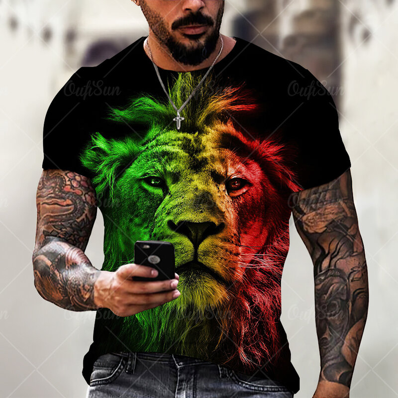Летняя модная мужская футболка с 3D-принтом льва, Повседневная Универсальная футболка из полиэстера с круглым вырезом и короткими рукавами ...