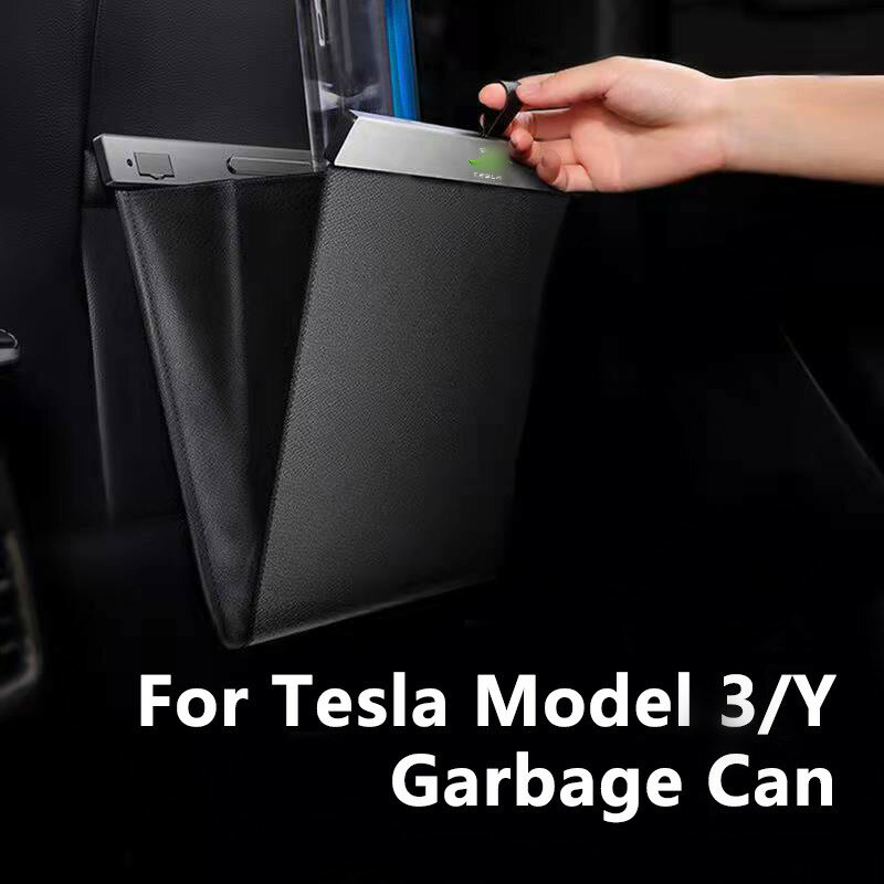 For Tesla Model 3 Y X Car Garbage Bag Waterproof Magnetic Adsorption Trash Can Back Seat Hanging Leather Storage Pocket