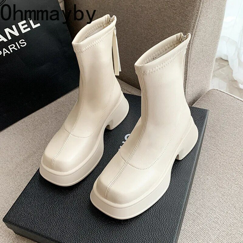 Platform Ankle Boots For Women 2022 Square Toe Elegant Short Boots Zippers Soft Leather Lady Office Fashion Autumn Winter Shoes