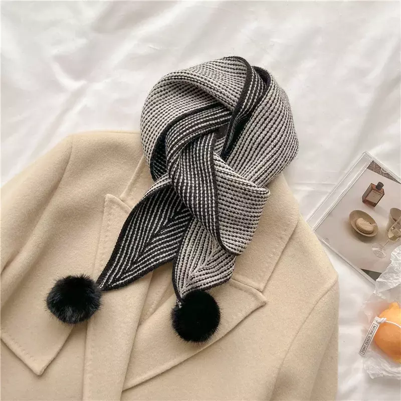 Bufanda – Foulard de luxe tricoté pour femme, écharpe chaude et slim, Design de luxe, petite cravate avec boule, châle enveloppant, collection hiver 2022