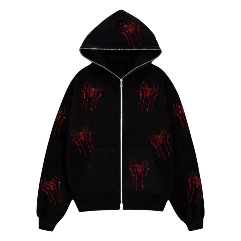 2023 men's and women's same style sweater spider rhinestone print cardigan jacket loose zipper hoodie sweater Harajuku hoodie