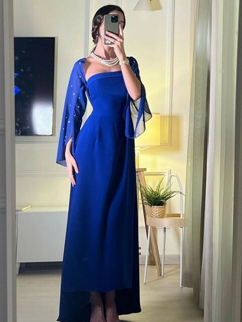 Novo azul real vestidos de baile formal festa feminina usar vestidos de noite sem alças frisado mangas compridas chiffon jaquetas robe de soirée