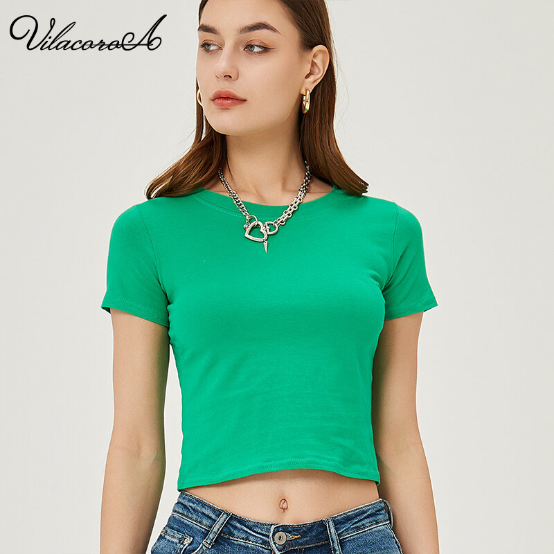 Vilacoroa Crop Top 95% Cotton T-Shirt Top Women Casual Green Clothes Summer Short Sleeve Baisc Tshirt Slim High Waist Tee