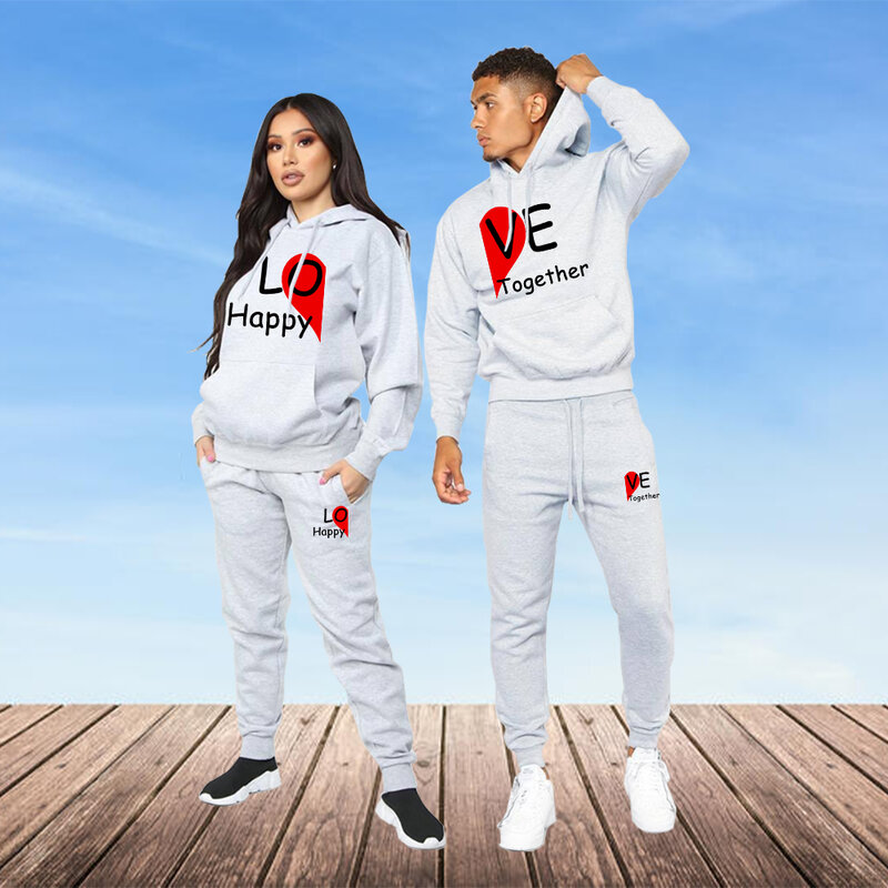 2022 moda amante casal sportwear conjunto feliz juntos impresso roupas com capuz 2pcs conjunto com capuz e calças plus size hoodies