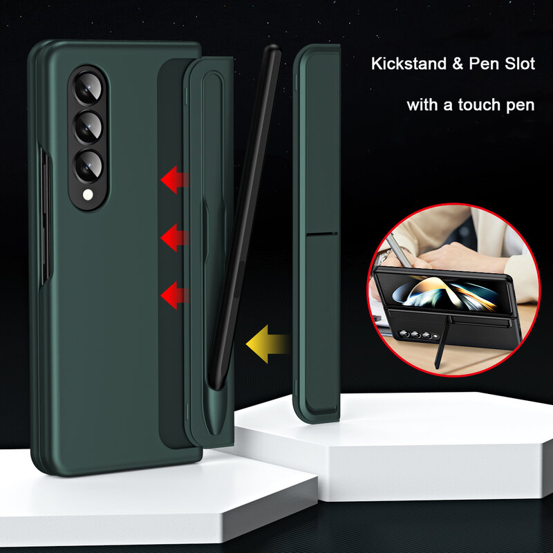 Zdejmowany stojak i długopis do Samsung Galaxy Z Fold 4 Fold4 3 Fold3 uchwyt do obudowy twardy PC matowy pokrowiec Z dotykowym piórem