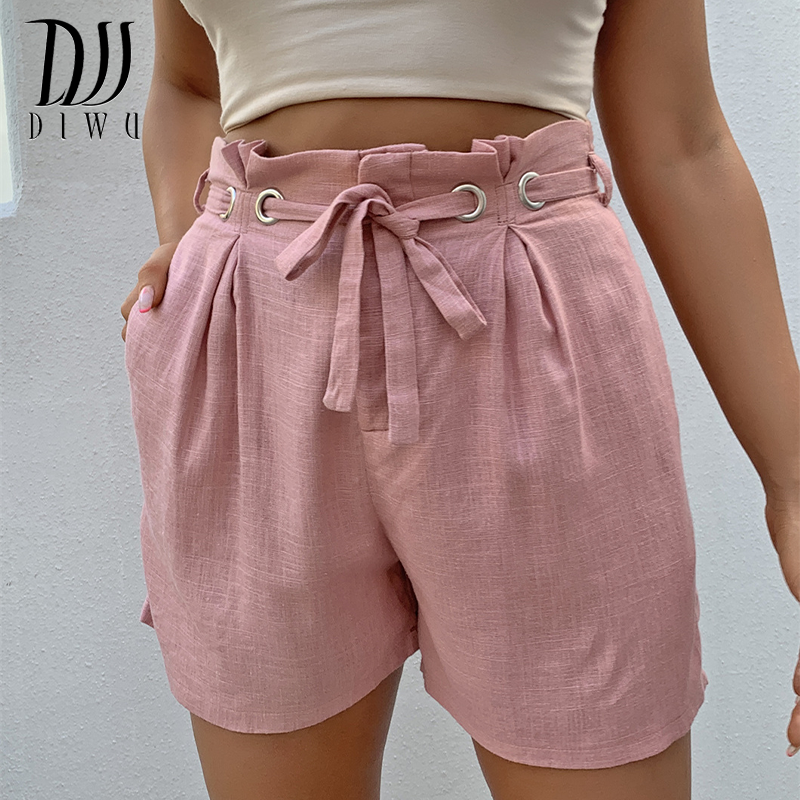 Diwu shorts feminino cintura alta perna larga cinto elástico cintura shorts verão férias estudante menina casual bolso outfit