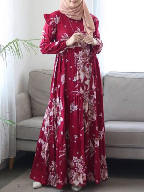 ZANZEA Casual Ruffles Maxi Sundress Vintage Floral Printed Dubai Turkey Abaya Hijab Dress Women Muslim Dress Islamic Clothing