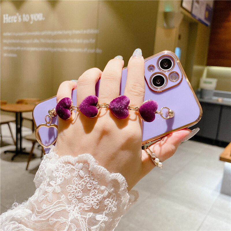 For iPhone 12 Case Luxury Plating Heart Wrist Chain Silicone Case For iPhone13 12 11 Pro Max X XS XR XSMax 13mini 7 8 Plus Cover