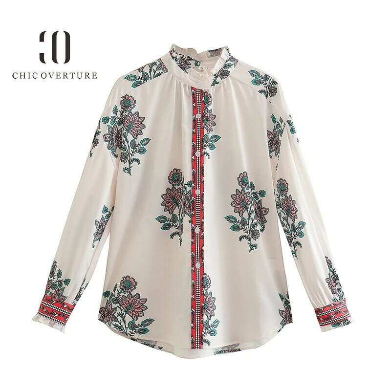 Chic Overture Women Ruffled Neck Half High Collar Shirt Wheat Color Floral Print Office Lady Fashion Women Shirt Blouses Long