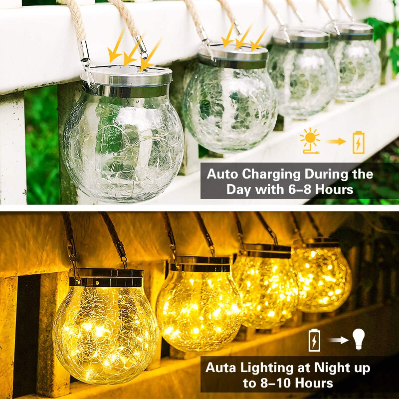 Lanterne solaire suspendue à LED, boule de verre craquelée, éclairage d'extérieur, Globe lumineux, pour Patio, cour, arbre, clôture, décoration