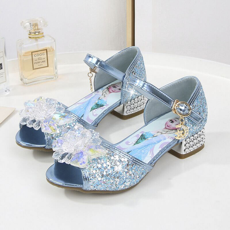 Sandali con tacco alto per bambina Disney Frozen sandali per bambini in cristallo per bambini scarpe da principessa Anna Elsa con suola morbida per bambini di grandi dimensioni