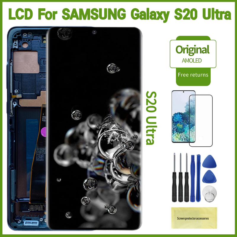 Oryginalny wyświetlacz S20 Ultra 5G do Samsung Galaxy S20 Ultra z ramką ekran dotykowy Digitizer G988B G988N wymiana ekranu LCD