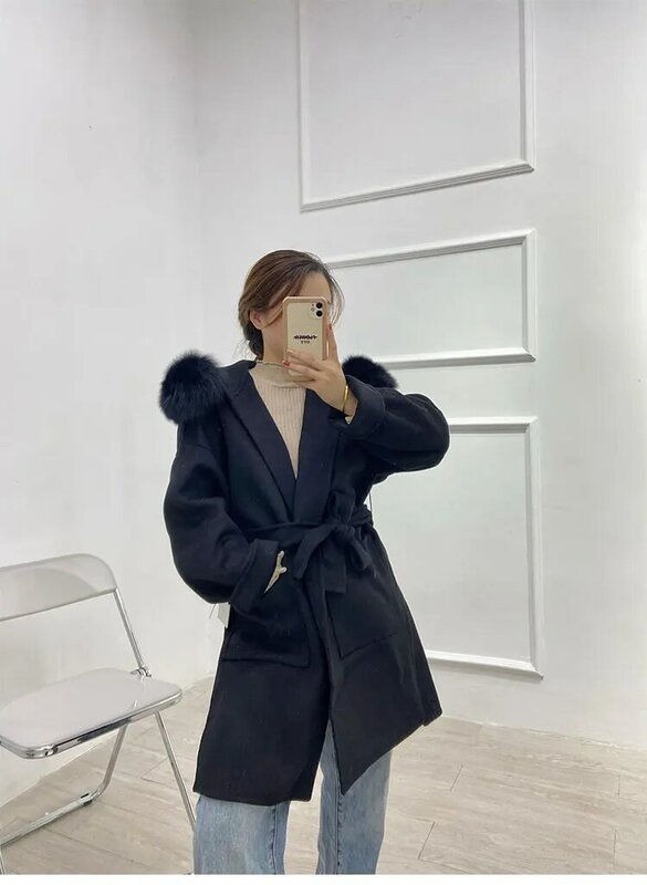 Winter Women Real Fur Coat 100% Wool Jacket Mid-length Camel Black Color Outerwear Genuine Fox Fur Collar and Cuffs Belt