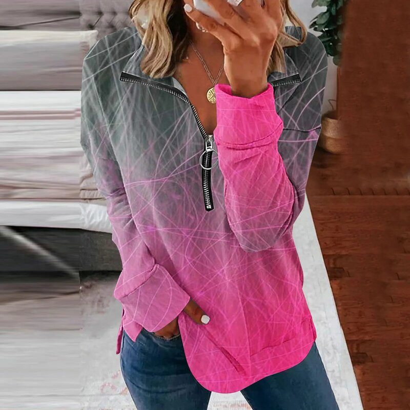 Women Casual V Neck Zip Gradient Print Long Sleeve Sweatshirt Lady Winter Sweater Neon Shirt Ball Sleeve Sweater