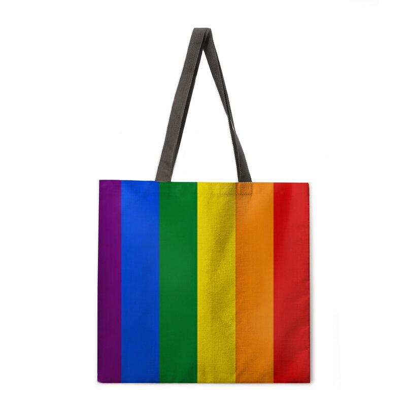 2022 Ladies Shoulder Bag Rainbow Stripe Printing Casual Handbag Linen Fabric Handbag Reusable Shopping Bag Shoulder Bag Women
