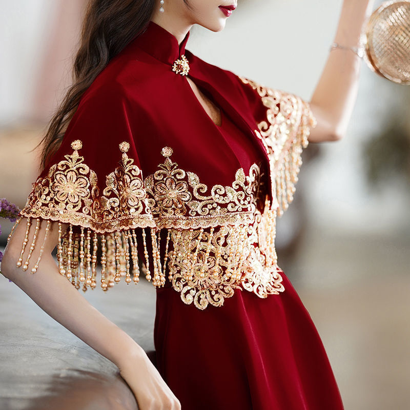 Trung Quốc Bridal/Bánh Mì Nướng/Engagment Wedding Váy Với Khăn Choàng-2022 New Trở Lại Cửa Đánh Giá Cao Tiệc Cải Thiện Sườn Xám Váy cho Wo