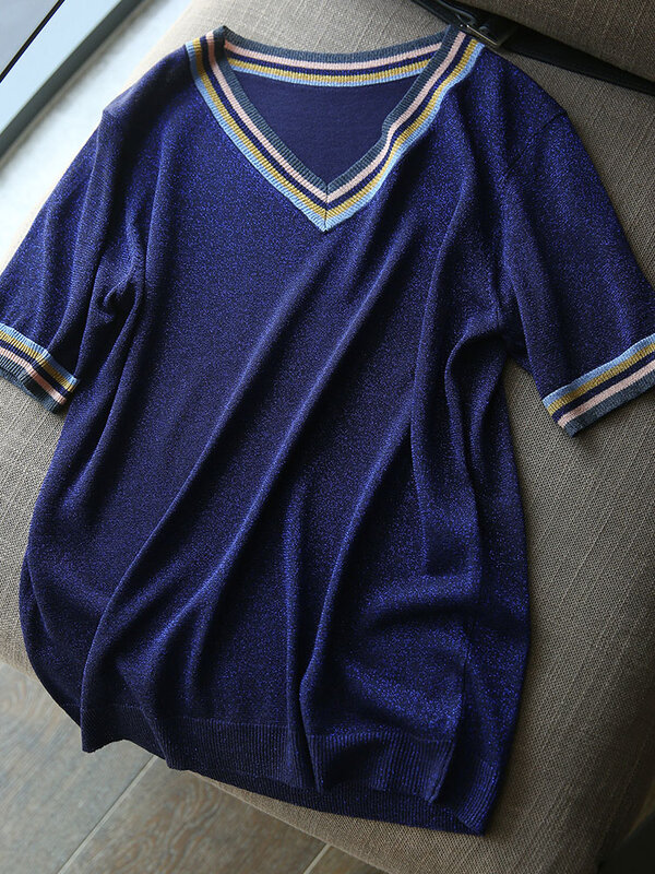 Женский тонкий свитер в полоску, трикотажный пуловер контрастных цветов с V-образным вырезом и коротким рукавом, лето 2022