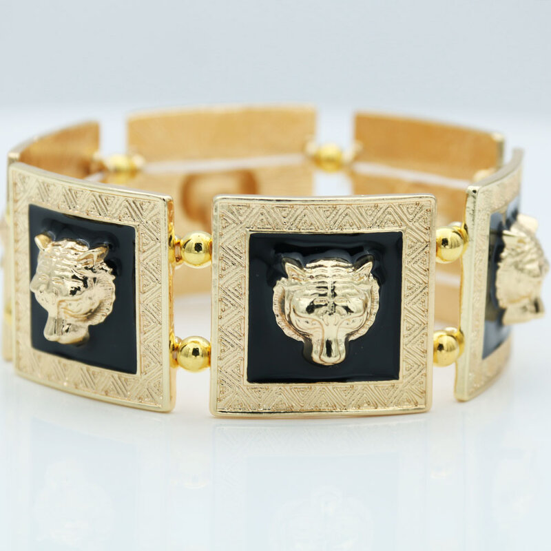 Fashion Pulseras Viking Hip Hop Tiger Oil Drop Square Lion Head Elastic Bracelet Charm Women Men's Rock Punk Wristband Jewelry